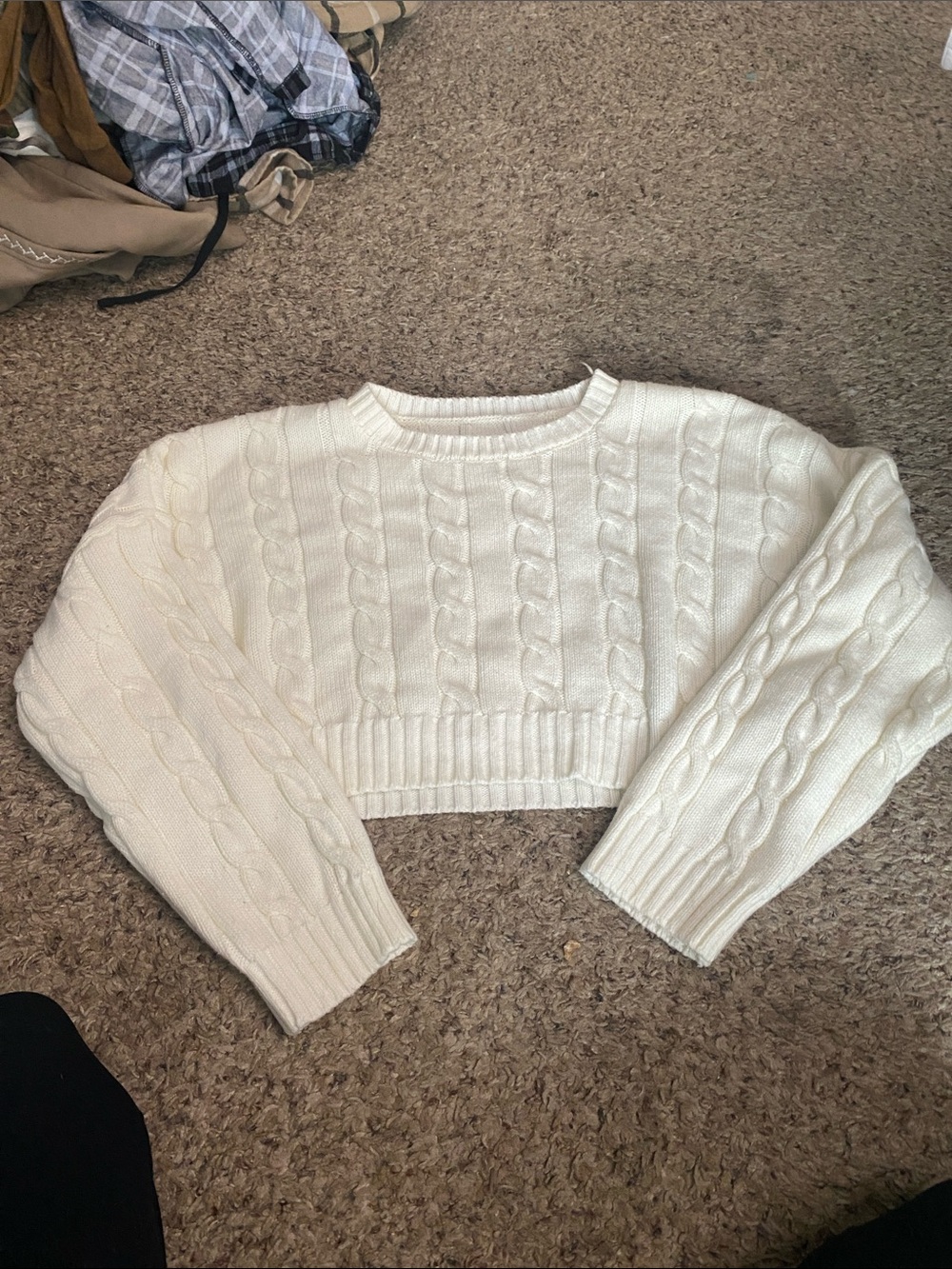 Cropped Cable Knit Crewneck Sweater in Cream